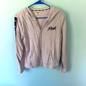 Grey zip up hooded jacket. PINK. Size S.